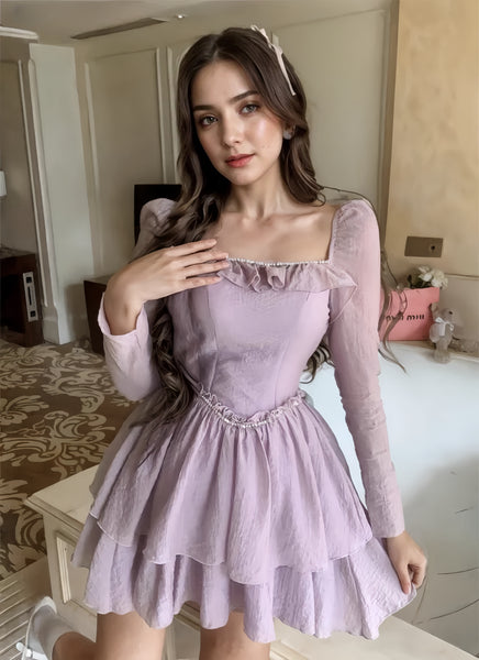 Beaded Sheer Long Sleeves Lavender Dress