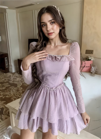 Beaded Sheer Long Sleeves Lavender Dress