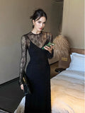Sheer Overlay Long Sleeve Full-Length Black Dress
