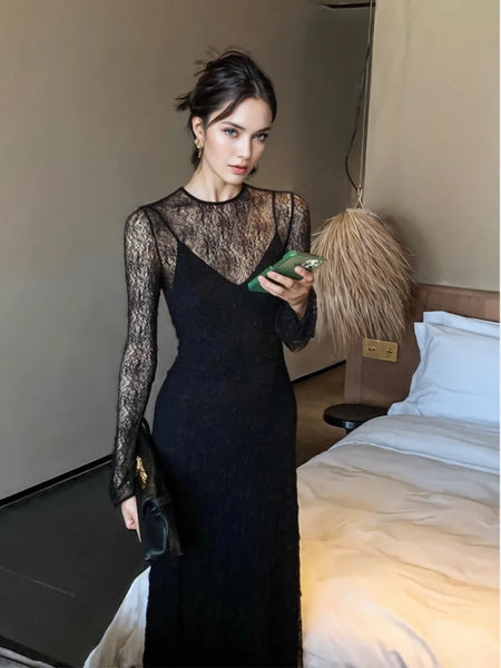 Sheer Overlay Long Sleeve Full-Length Black Dress