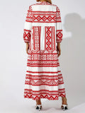 Red Print Boho Puff Sleeve Maxi Loose Dress