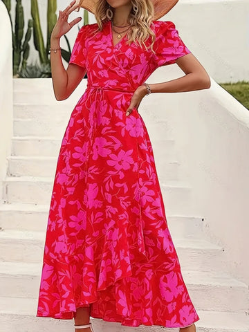 Red Flower Print V Neck Short Sleeve Belt Maxi Dress