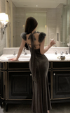 Elegant Charcoal Velvet Maxi Dress with Furry Straps