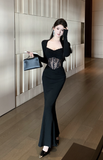 Elegant Long - Sleeve Black Gown with Lace Corset Detail
