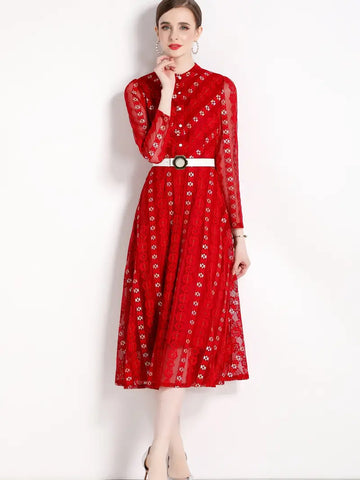 Red Lace Embroidered Mock Neck Button Long Sleeve Dress