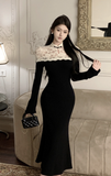 Stylish Black Mermaid Dress with White Lace Detailing