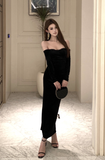 Elegant Black Off - Shoulder Velvet Gown with Lace Trim