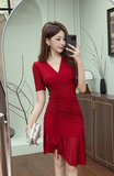 Elegant Red Ruched Midi Dress with V - Neck Design