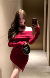 Elegant Off - Shoulder Red Velvet Dress with Rose Choker