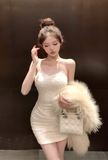 Elegant Strapless Beige Lace Bodycon Mini Dress