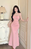 Elegant Pink Spaghetti - Strap Mermaid Dress with Rhinestones