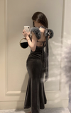 Elegant Charcoal Velvet Maxi Dress with Furry Straps
