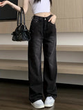 Black High Waist Straight Loose Fit Slant Pockets Jean