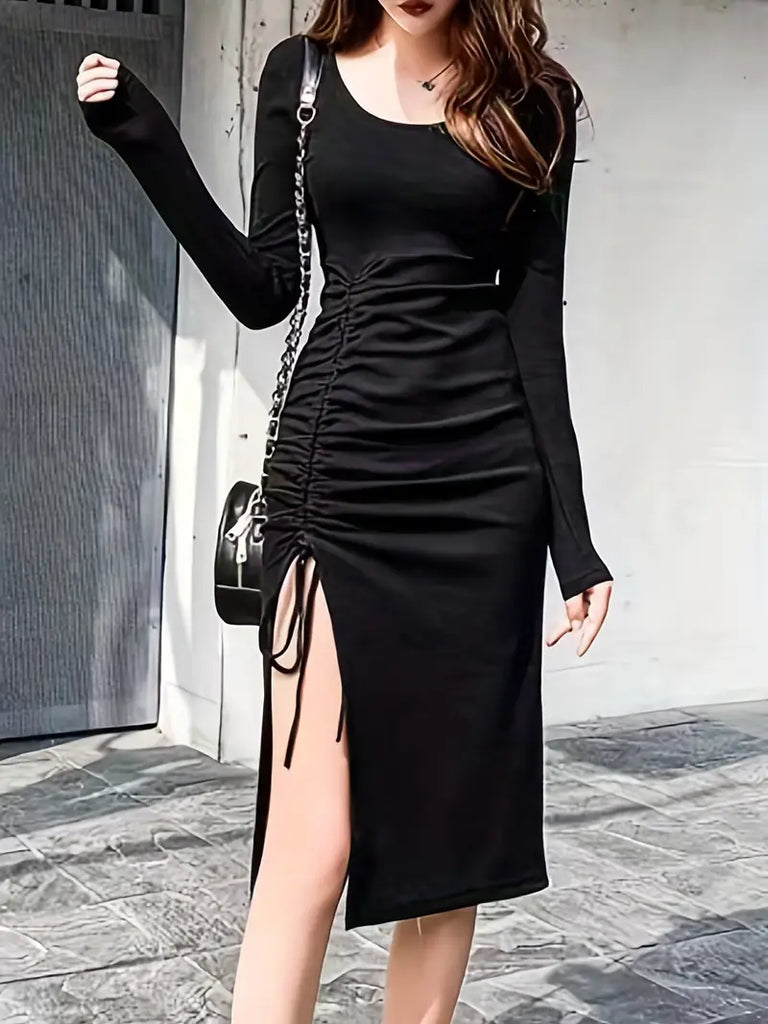 2023 Black Crew Neck Long Sleeve Split Drawstring Dress Ncocon 2023 Black Crew Neck Long Sleeve Split Drawstring Dress Ncocon
