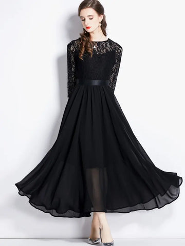 Black Lace 3/4 Sleeve A Line Party Maxi Dress