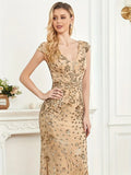 Mesh V Neck Sequin Cap Sleeve Ankle Prom Party Dress