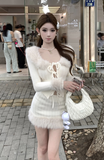 Stylish Cream Knit Set with Fur Trim and Lace - up Detail