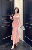 Elegant Pink Spaghetti - Strap Mermaid Dress with Rhinestones