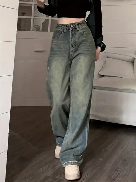 Blue High Waist Straight Casual Wide Legs Jeans