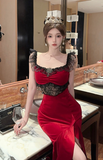 Stylish Sleeveless Dress with Floral Lace and High - Slit