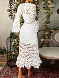 White Long-Sleeve V-Neck Lace Dress