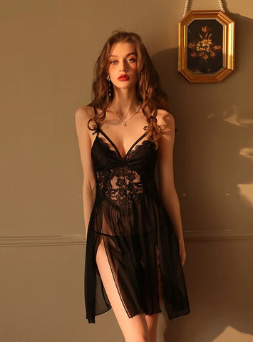 FASHION  PERSPECTIVE SPLIT BOW GAUZE NIGHTDRESS
