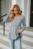 SOLID COLOR V-NECK BUTTON LOOSE LONG SLEEVE T-SHIRT