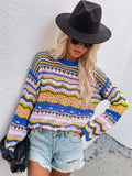 CLASSY LOOSE-FITTING COLOR ROUND NECK STRIPED SWEATER