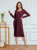 LONG-SLEEVED SPLIT PIT SOLID COLOR DRESS