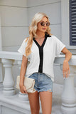 V-NECK CONTRAST SHORT SLEEVE LOOSE T-SHIRT