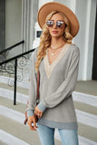 V-NECK CONTRAST SPLIT LOOSE LONG SLEEVE T-SHIRT