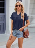 SOLID COLOR LAPEL PLEATED LOOSE SHORT SLEEVE T-SHIRT