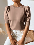 FASHION KNIT PLEATED SHORT SLEEVE SOLID COLOR SWEATER
