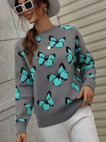 FASHION PRINTED BUTTERFLY ROUND NECK LOOSE SWEATER