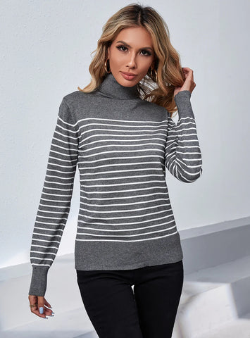 CLASSY HIGH NECK STRIPED PULLOVER SWEATER