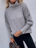 CLASSY SOLID COLOR HIGH NECK BUTTON SWEATER