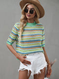 FASHION SPLICED HOLLOW LOOSE ROUND NECK STRIPED SWEATER