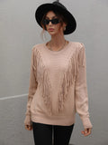FASHION LOOSE SOLID COLOR FRINGED PULLOVER SWEATER