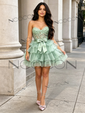 Mint Green Lace Tulle Layer A Line Homecoming Dress
