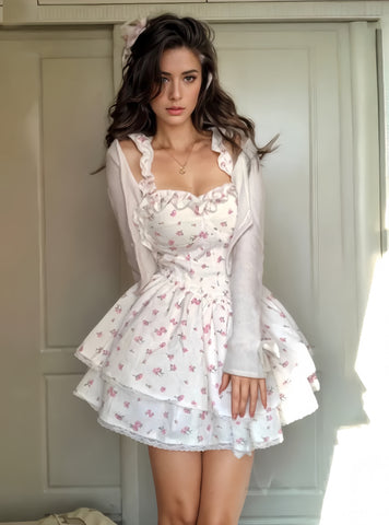 Ruffles Chiffon Print Short Mini Dress