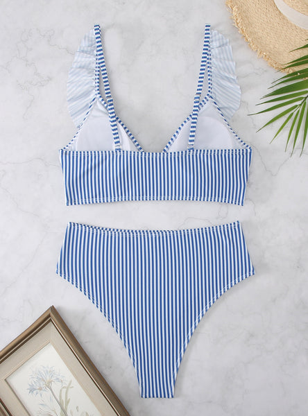 Black Stripe Knot Cutout Ruffle Sleeve and High Waisted 2pcs Swimsuit