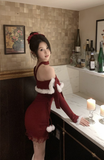 Stylish Long - Sleeve Wine Red Dress with Lace Hem