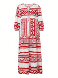 Red Print Boho Puff Sleeve Maxi Loose Dress