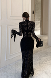 Elegant Black Lace Mermaid Gown with Long Sleeves