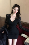 Elegant Black V - Neck Mini Dress with Lace Sleeves