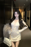 Elegant Cream Outfit with Lace - detailed Top and Mini Skirt