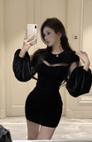 Elegant Black Velvet Dress with Sheer Mesh Inserts