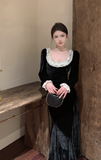 Elegant Black Velvet Gown with White Lace Trim