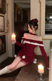 Stylish Long - Sleeve Wine Red Dress with Lace Hem