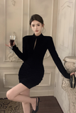 Stylish Mock - Neck Black Bodycon Mini Dress with Cutout